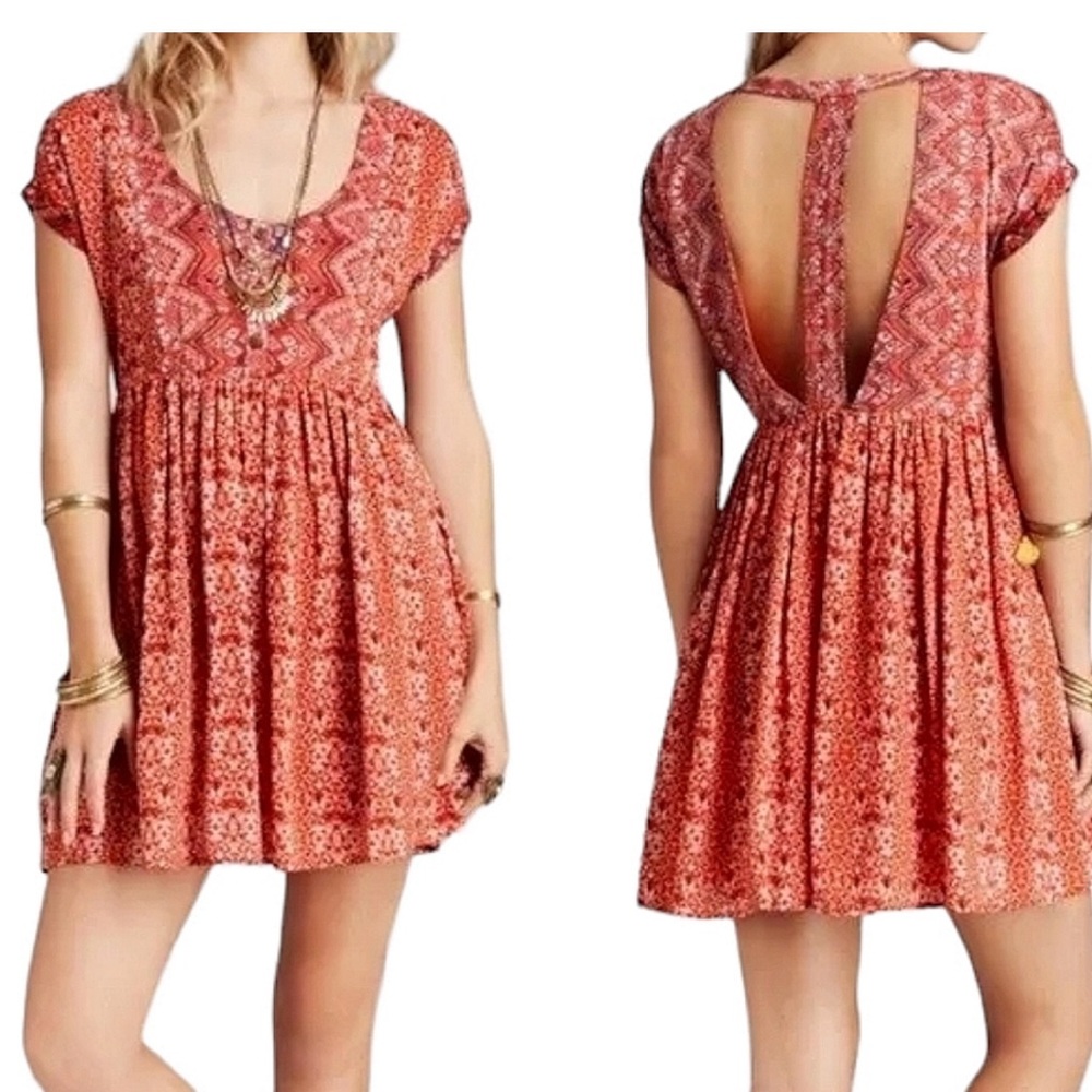 NWOT Women’s FREE PEOPLE Rust Orange Sundown T Back Boho Mini Dress (Small)